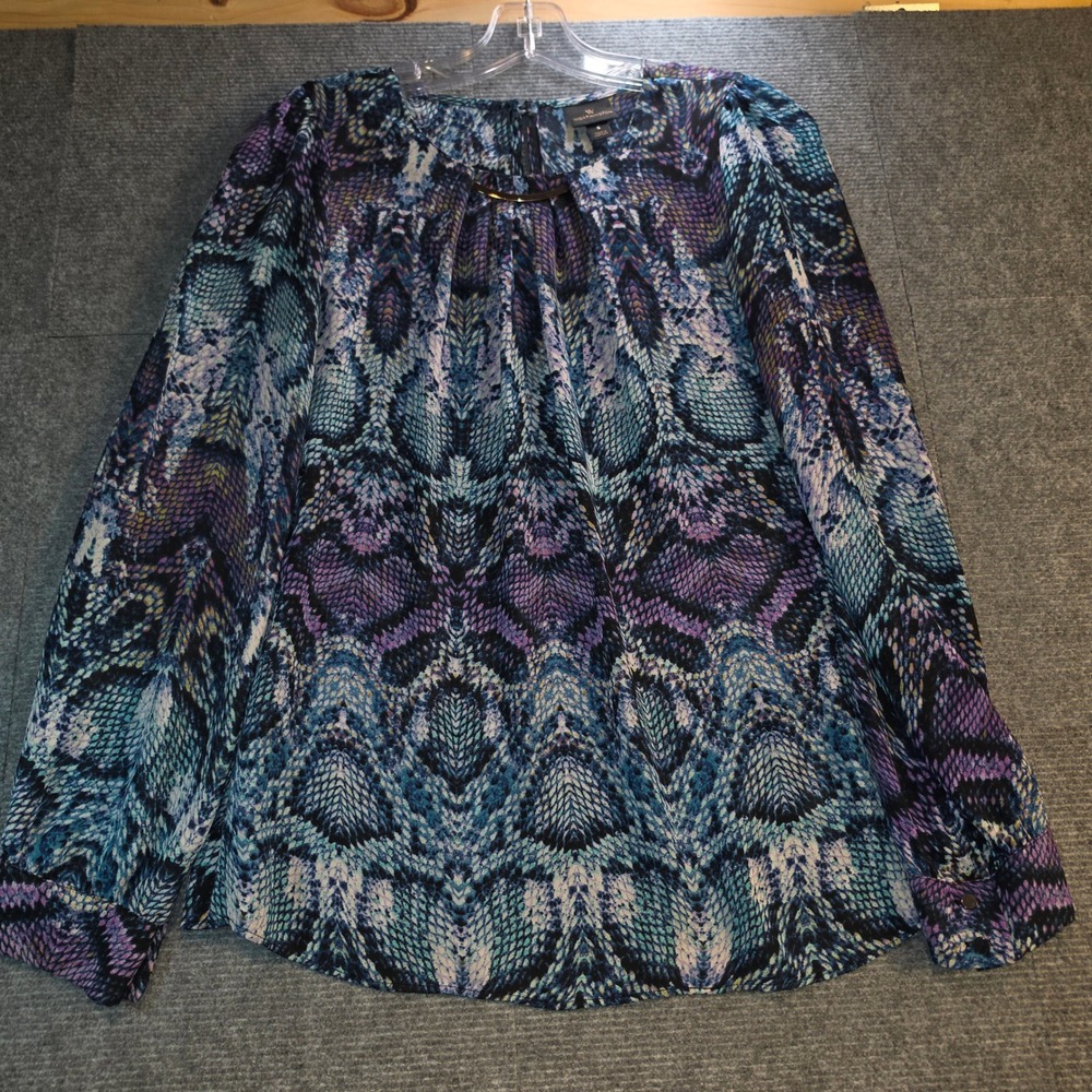 Worthington Blouse Womens Small Blue Purple Good Snakeskin Keyhole Gold Bar Top